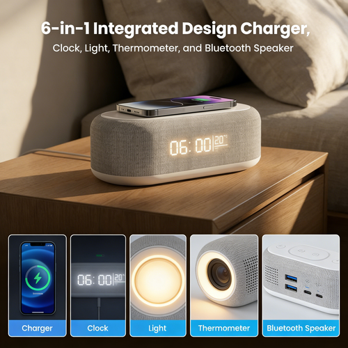 🔥Limited-time offer-6-in-1 Wireless Charging Station（Wireless charger, clock, Bluetooth speaker, night light, LED digital display, and thermometer）